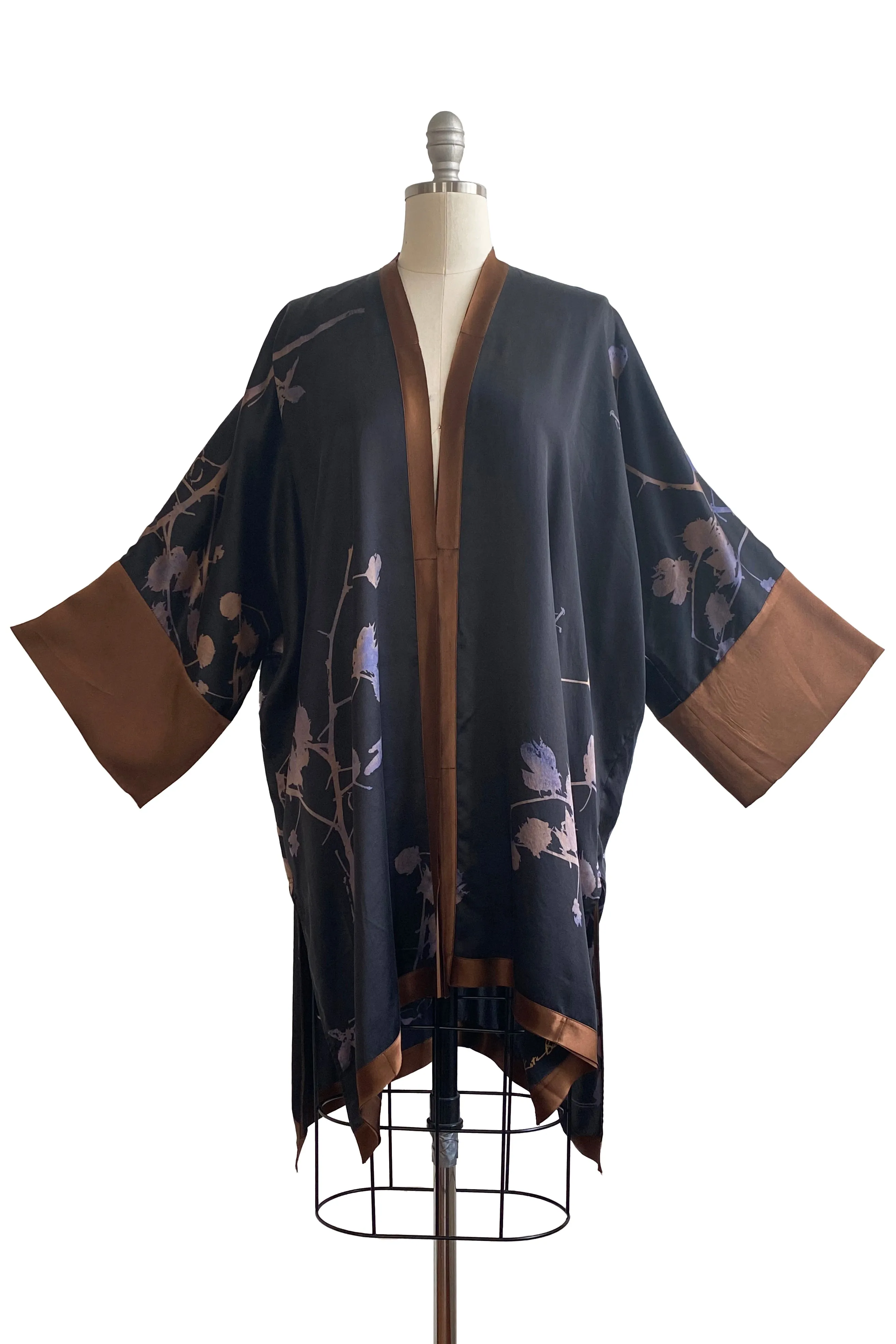 Lucianne Kimono in Silk Charmeuse w/ Cotton Print - Black & Brown - One Size