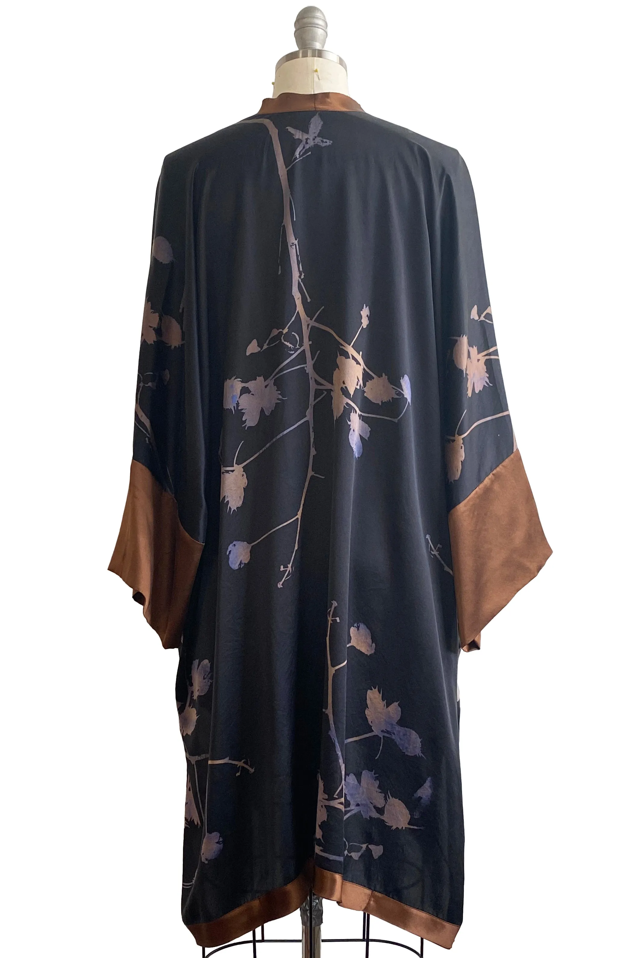 Lucianne Kimono in Silk Charmeuse w/ Cotton Print - Black & Brown - One Size