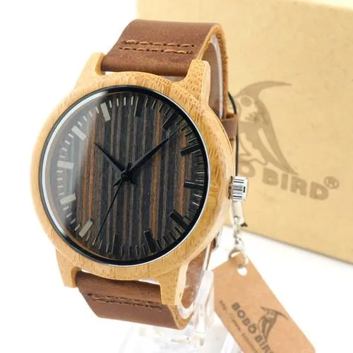 Luxury Bamboo Wooden Watch with Leather Band and Quartz Display