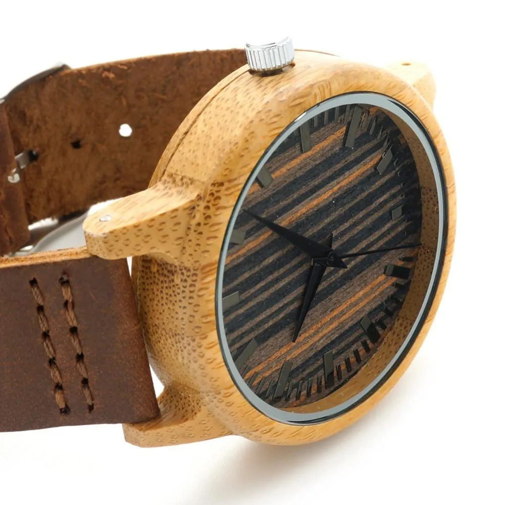 Luxury Bamboo Wooden Watch with Leather Band and Quartz Display