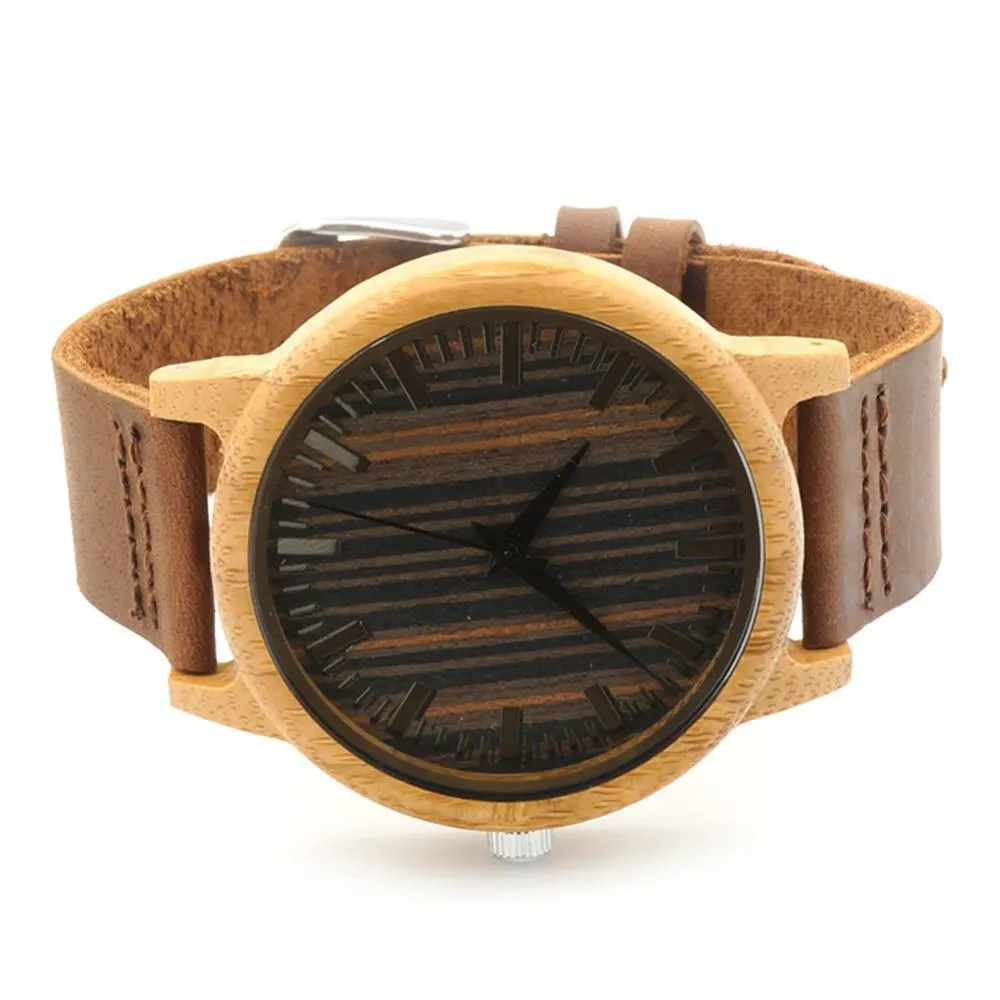 Luxury Bamboo Wooden Watch with Leather Band and Quartz Display