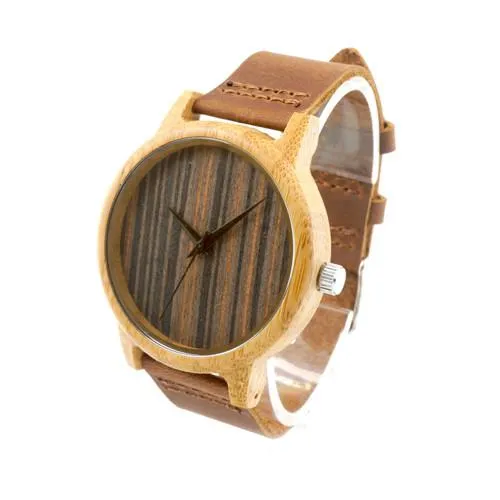 Luxury Bamboo Wooden Watch with Leather Band and Quartz Display