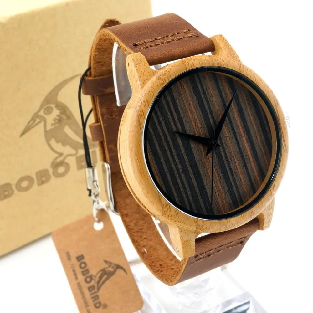 Luxury Bamboo Wooden Watch with Leather Band and Quartz Display