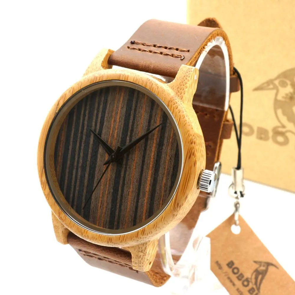 Luxury Bamboo Wooden Watch with Leather Band and Quartz Display