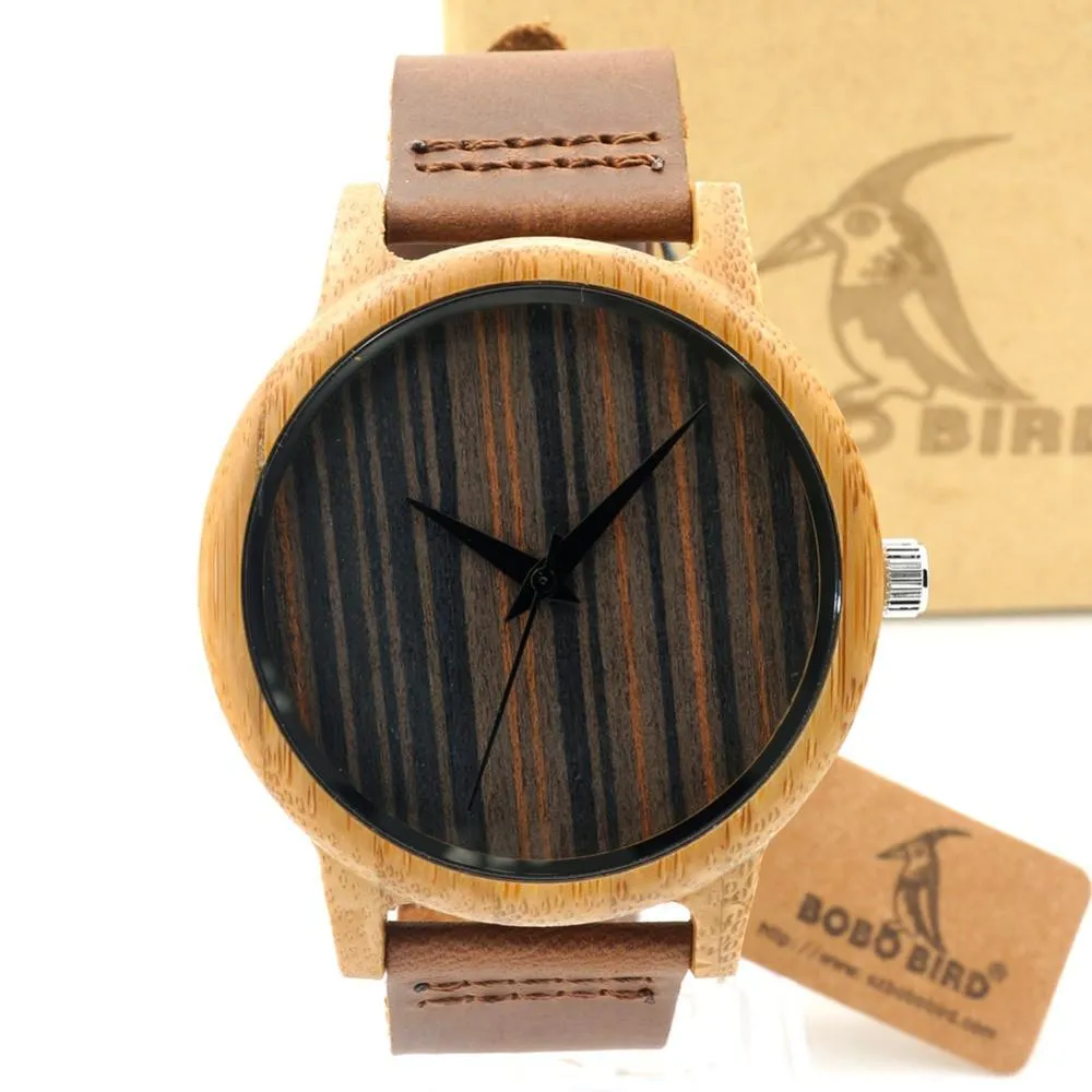 Luxury Bamboo Wooden Watch with Leather Band and Quartz Display