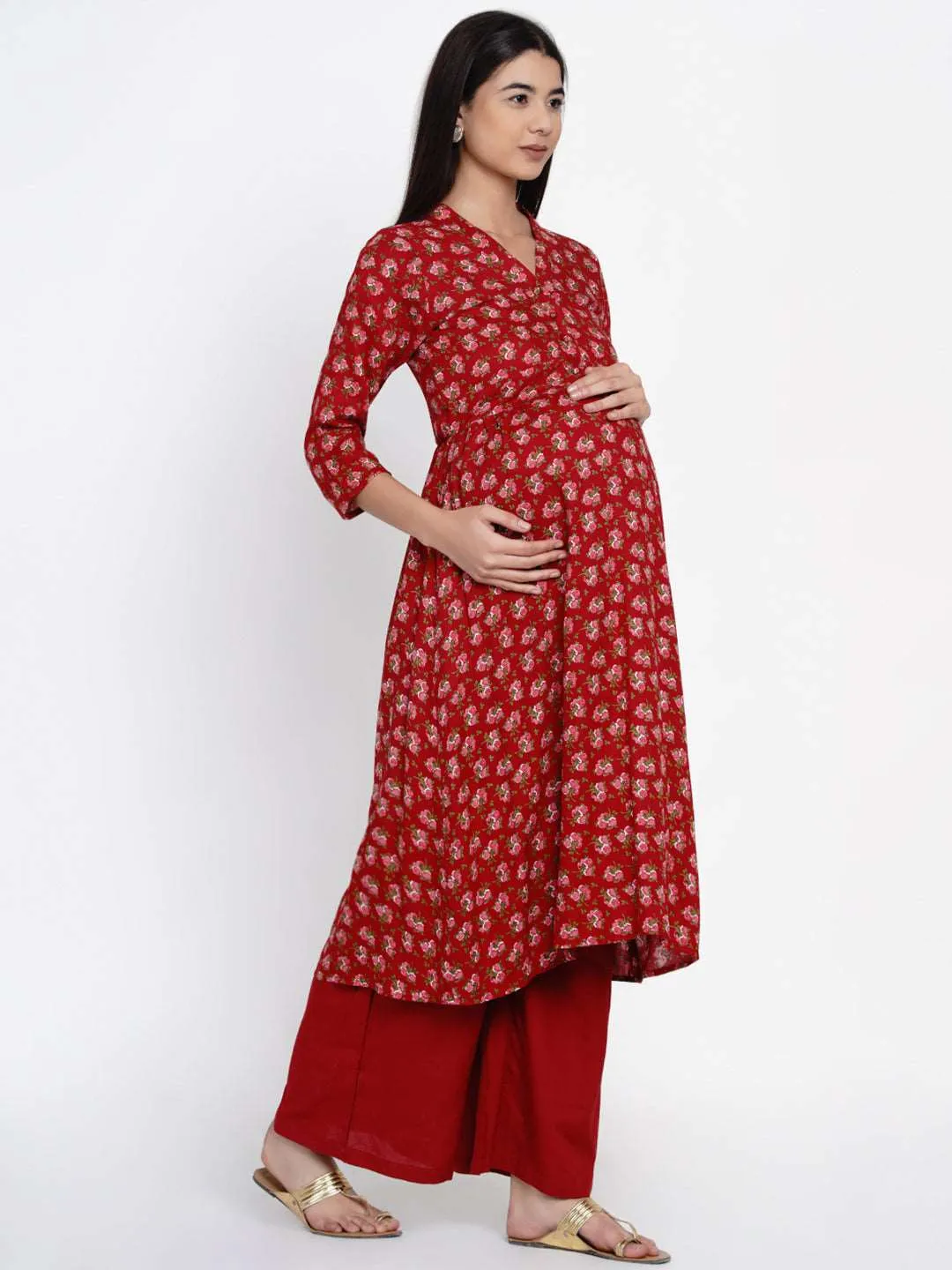 Maroon Maternity Anarkali Floral Print Kurta Set