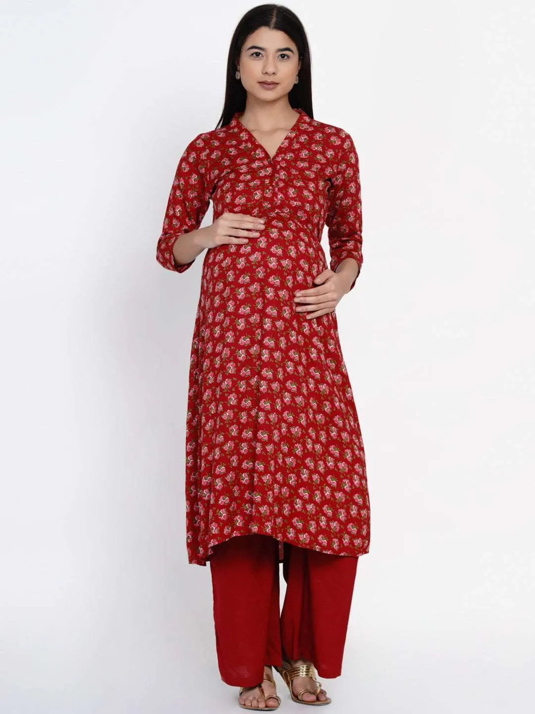 Maroon Maternity Anarkali Floral Print Kurta Set