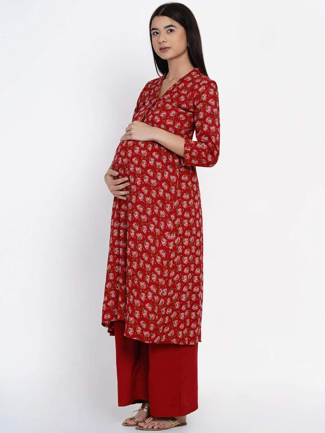 Maroon Maternity Anarkali Floral Print Kurta Set