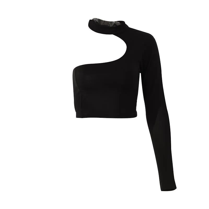 Nanako O-Neck Long Sleeve Crop Top - Black