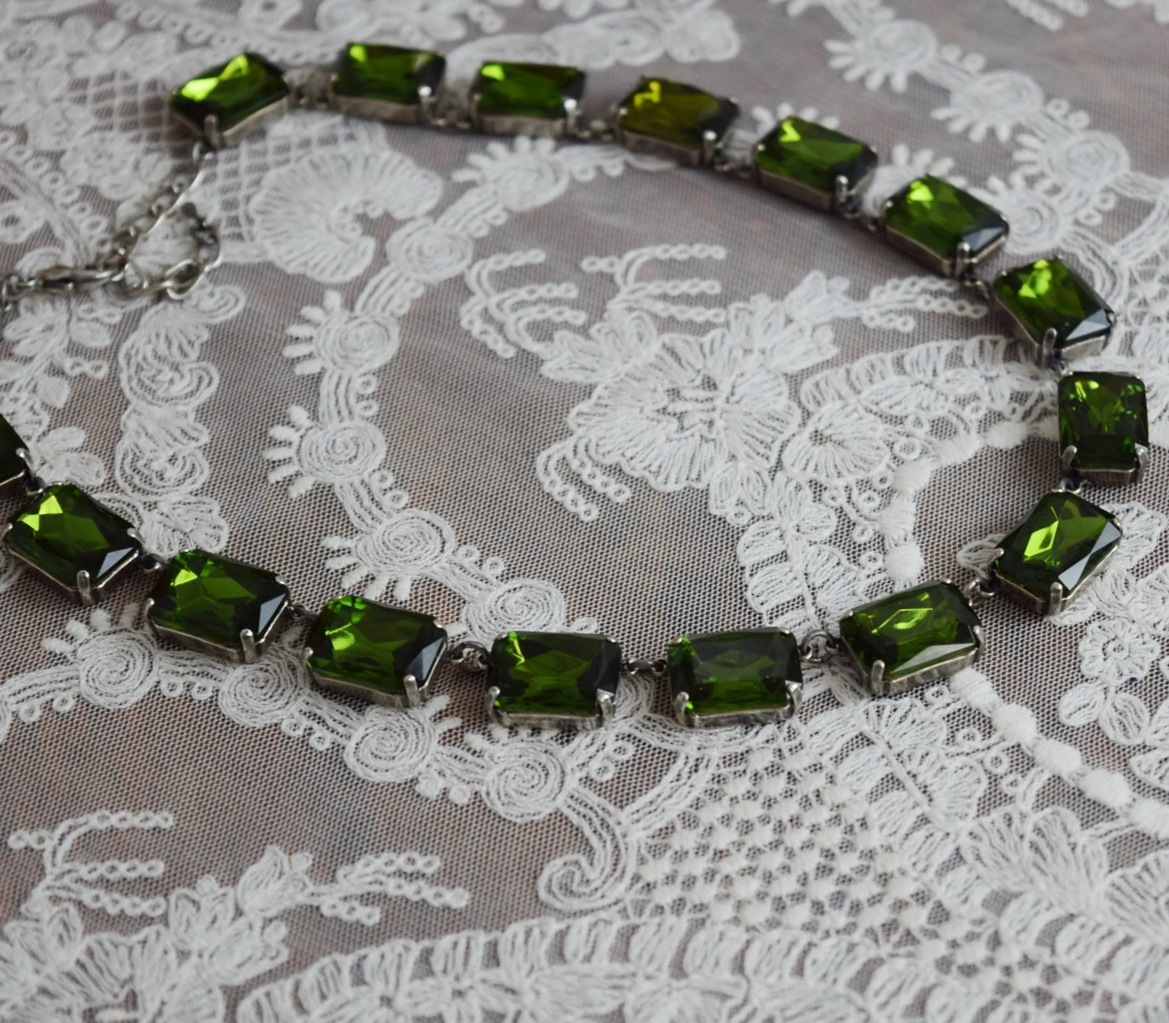 Olive Green Crystal Collet Necklace - Large Octagon