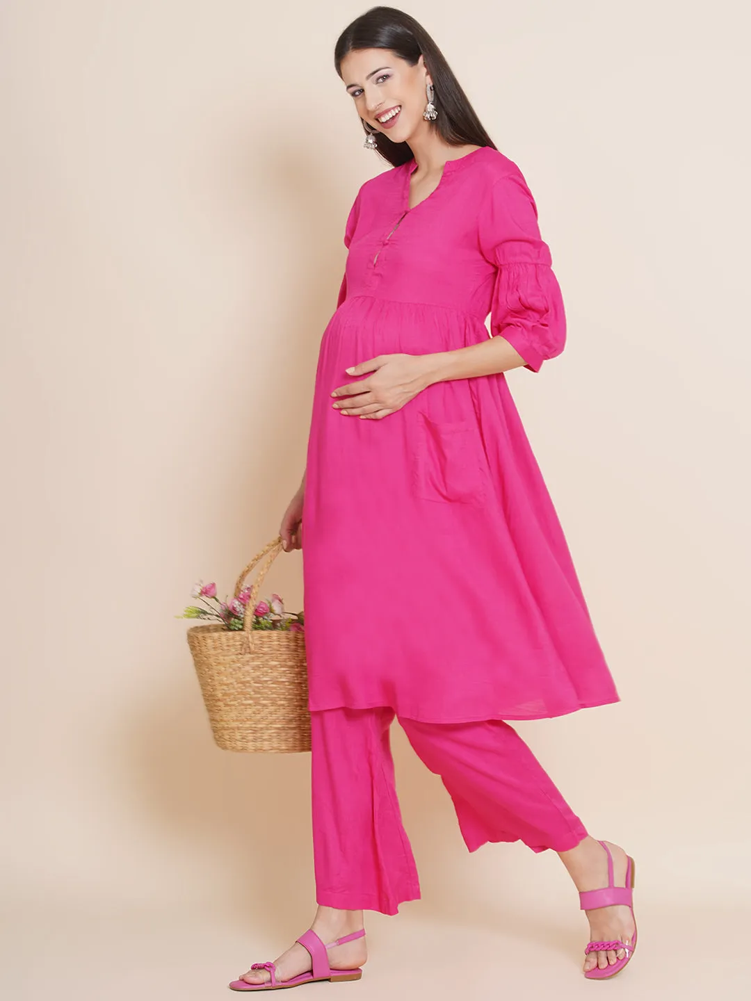 Pink Fit and Flare Maternity Kurta Set