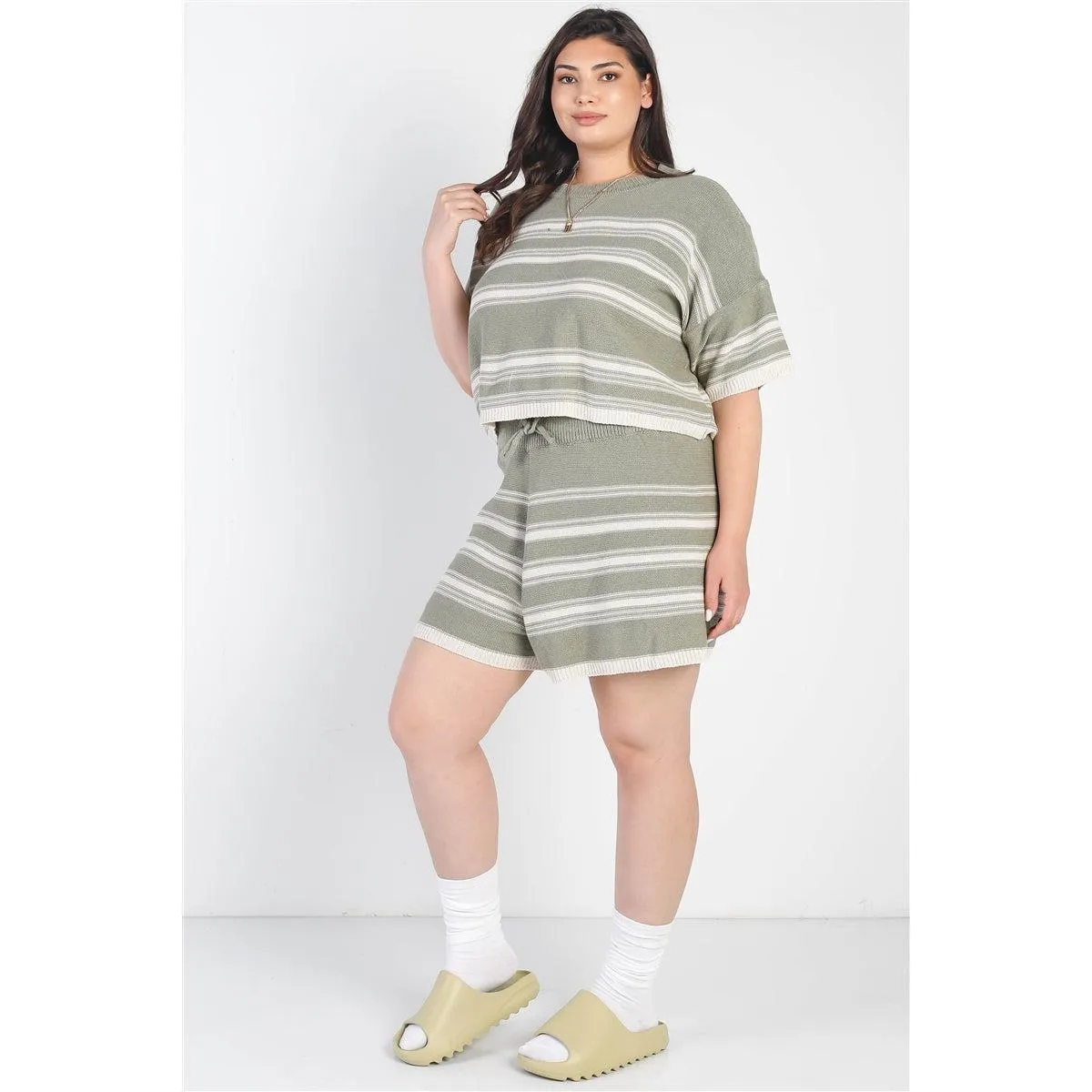 Plus Olive Striped Knit Short Sleeve Crop Top High Waist Shorts Set