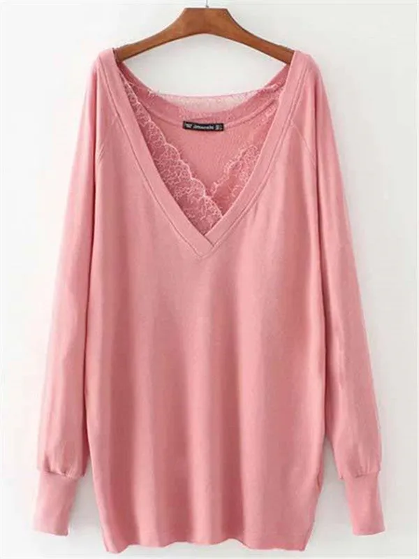 Pure Color Lace V-neck Top