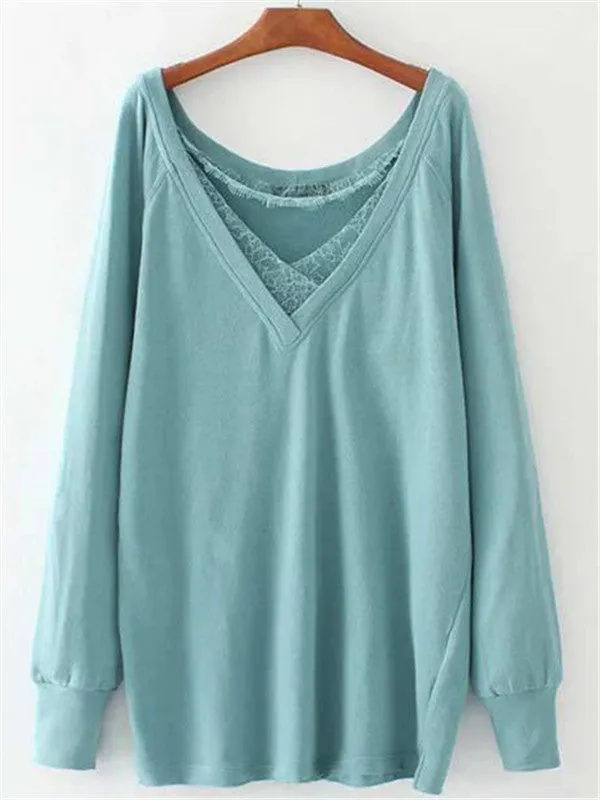 Pure Color Lace V-neck Top