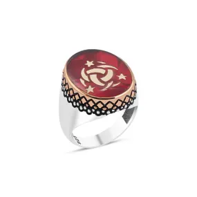 Red Enameled the Special Cooperation Symbol Ellipse Silver Men's Ring with Pointed Top Pattern