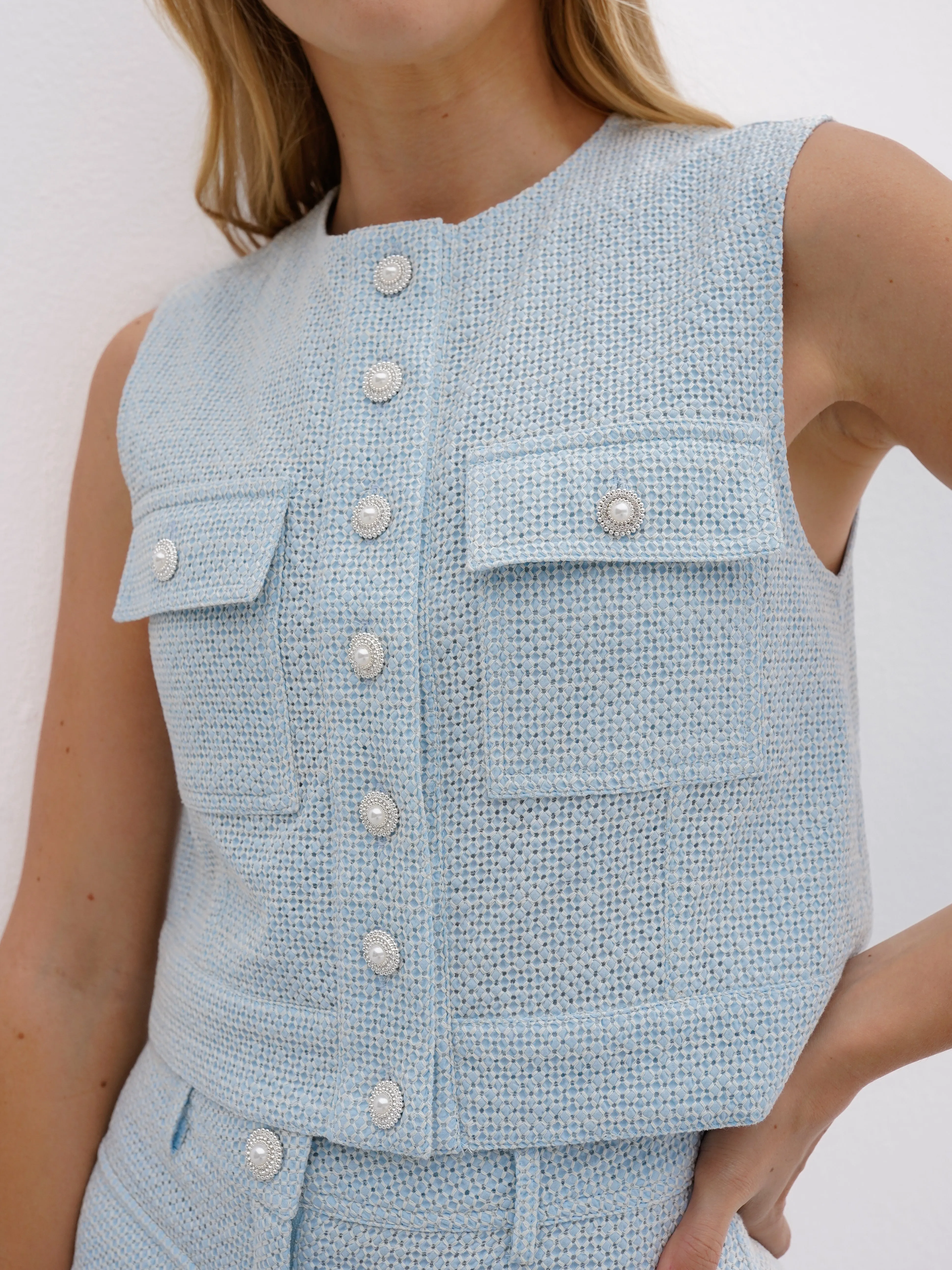 Sadie Button Down Textured Top | Pastel Blue