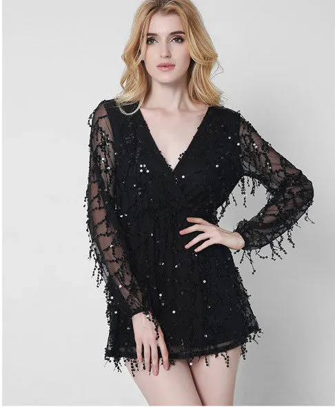 Sequin Tassels Deep V Neck Mini Dress