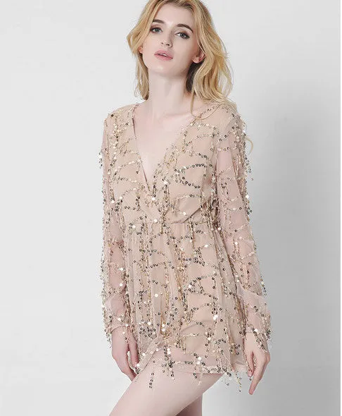 Sequin Tassels Deep V Neck Mini Dress