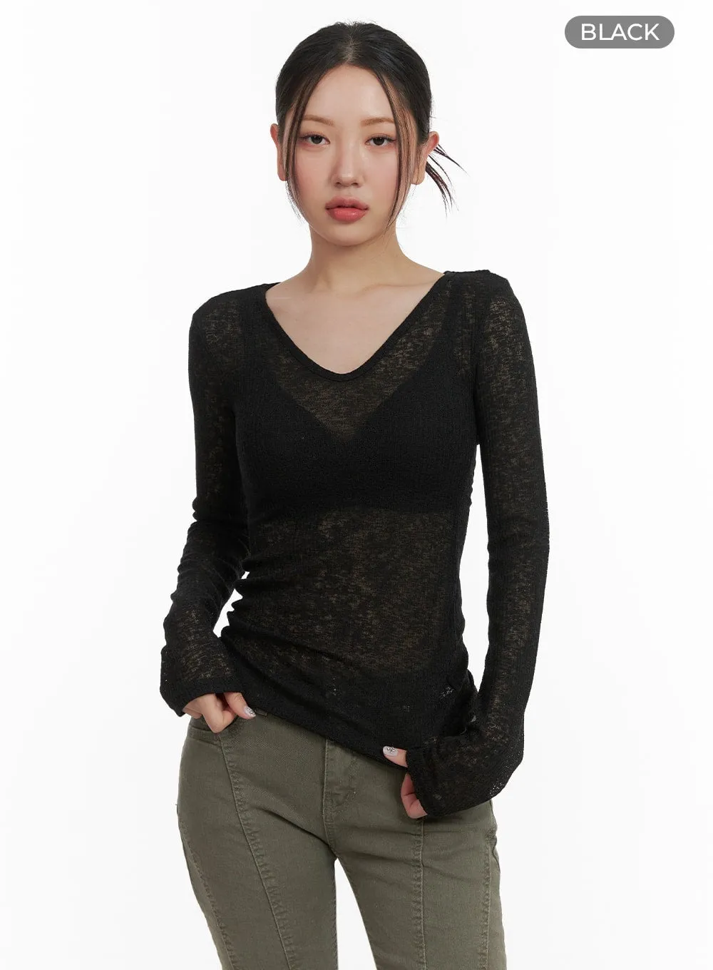 Sheer V-Neck Long Sleeve CA416