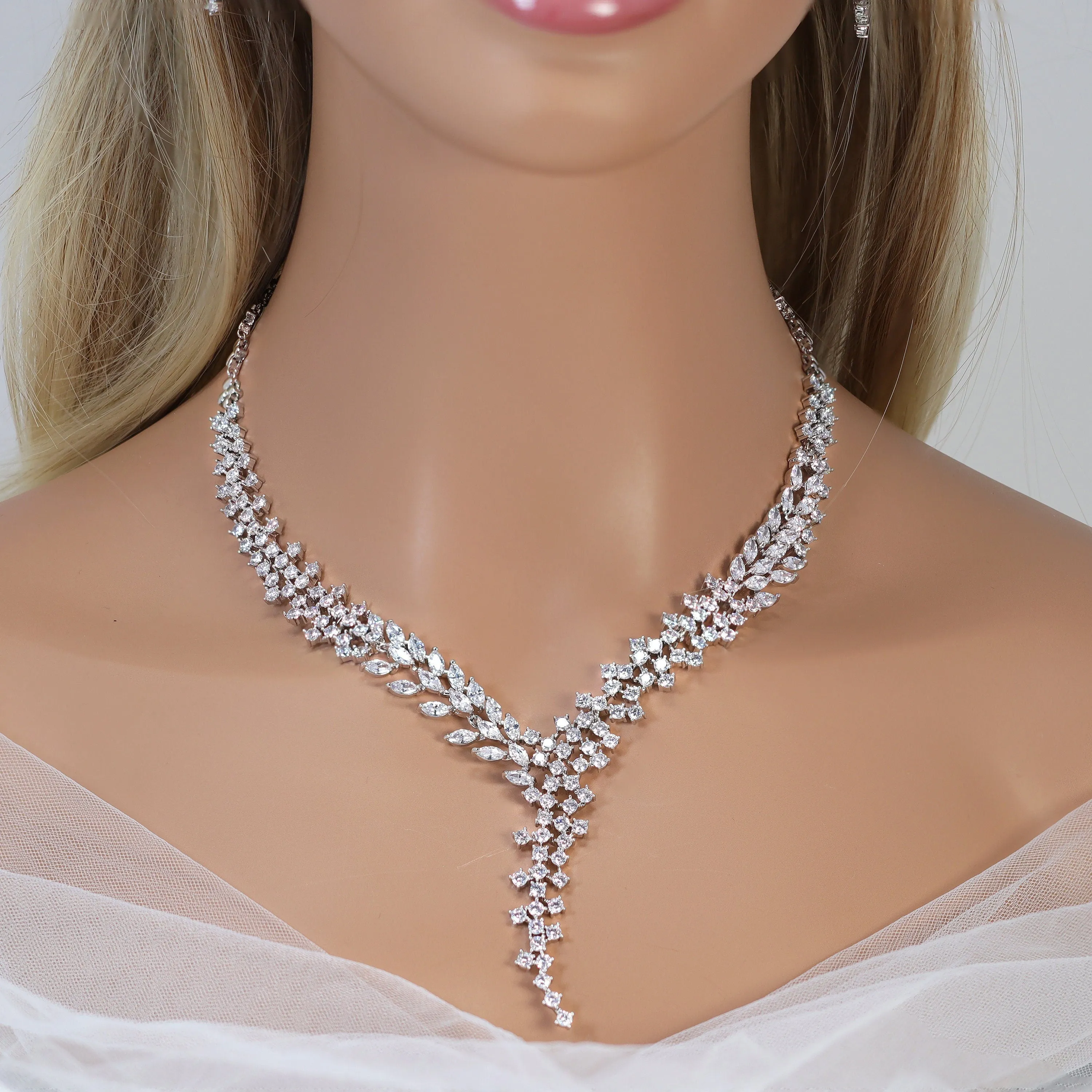 Swarovski Crystal Stone, Long Bridal Jewelry, Bridal Earrings And Necklace, Statement Earrings Cz Necklace Set.