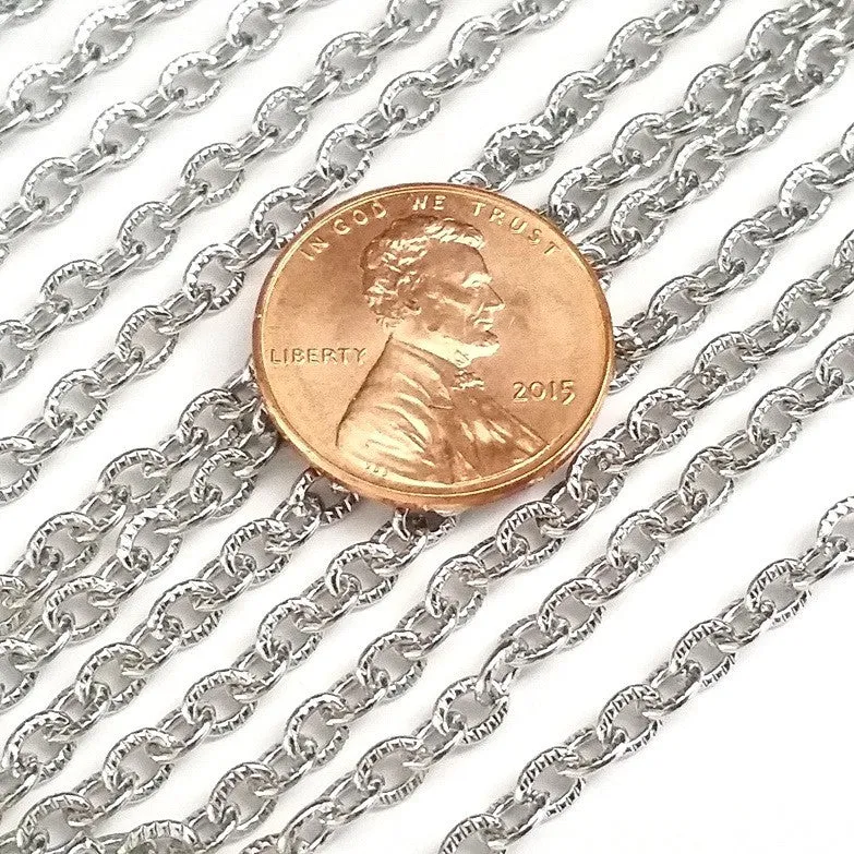 Textured Stainless Steel Bulk Jewelry Making Chain, 3x4mm Oval Links Chain, 50 Meters, #1031 C