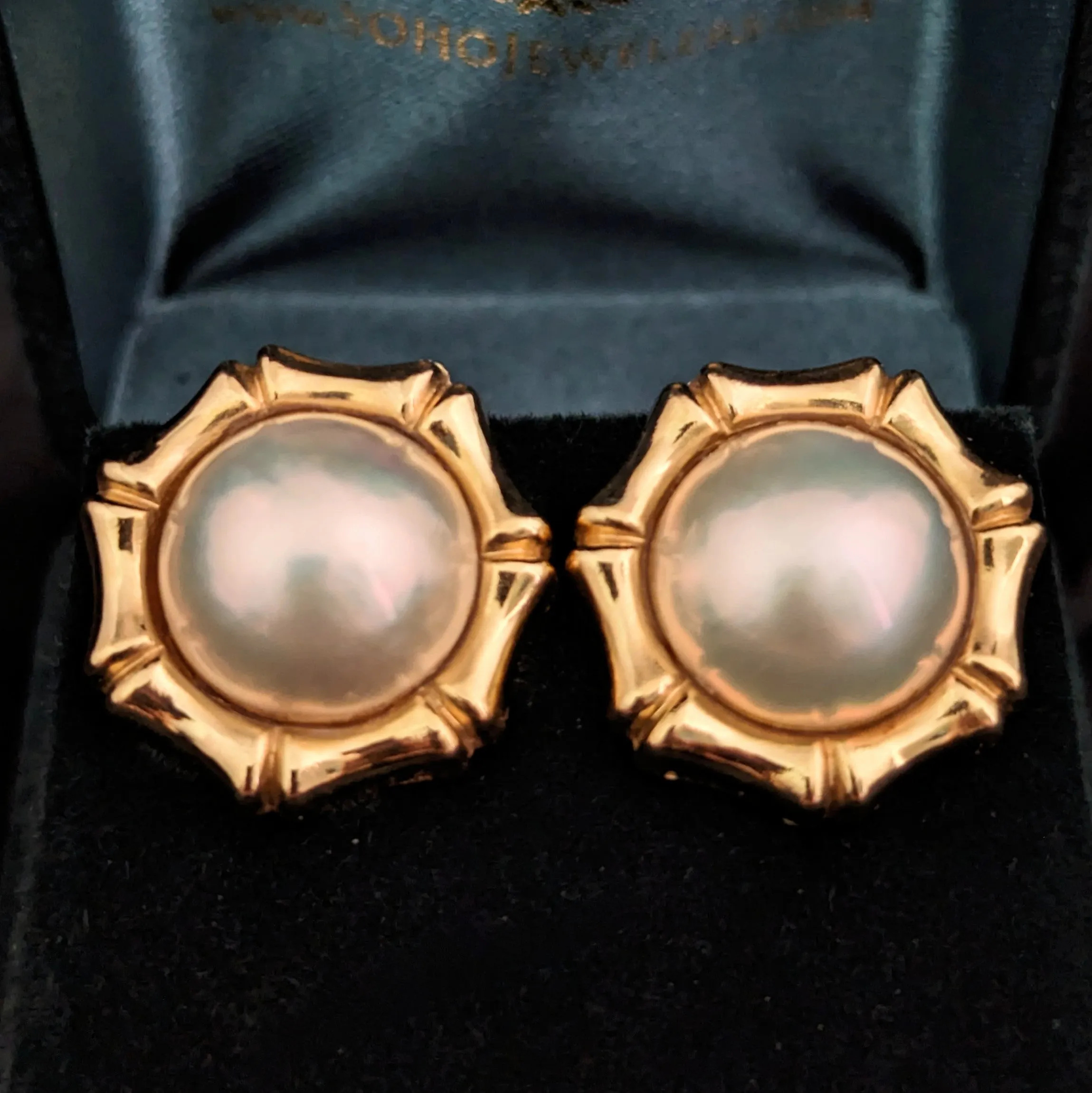 The Asotin - Estate Mabe Pearls 14k Yellow Gold Earrings Bamboo Detailing