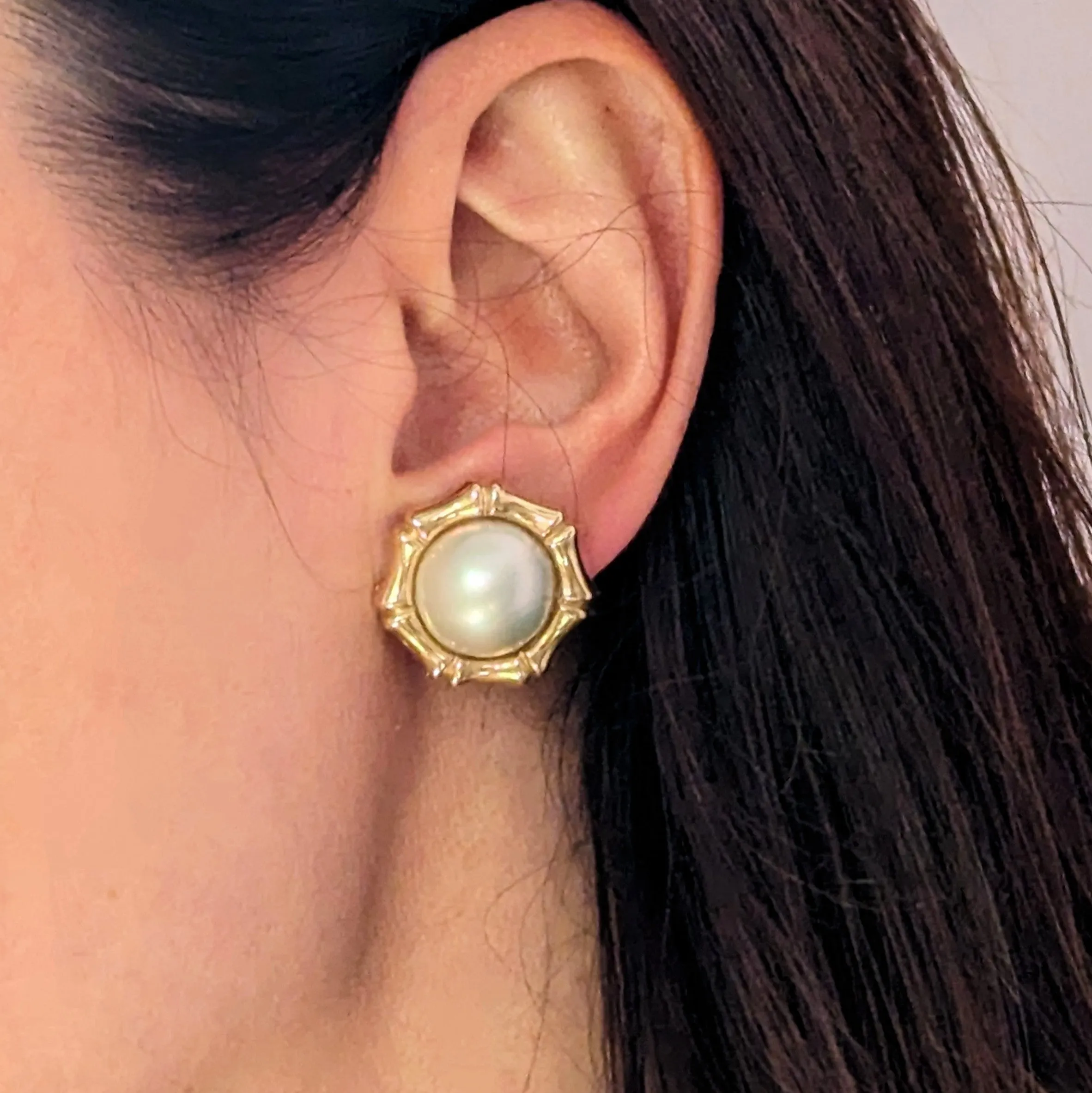 The Asotin - Estate Mabe Pearls 14k Yellow Gold Earrings Bamboo Detailing