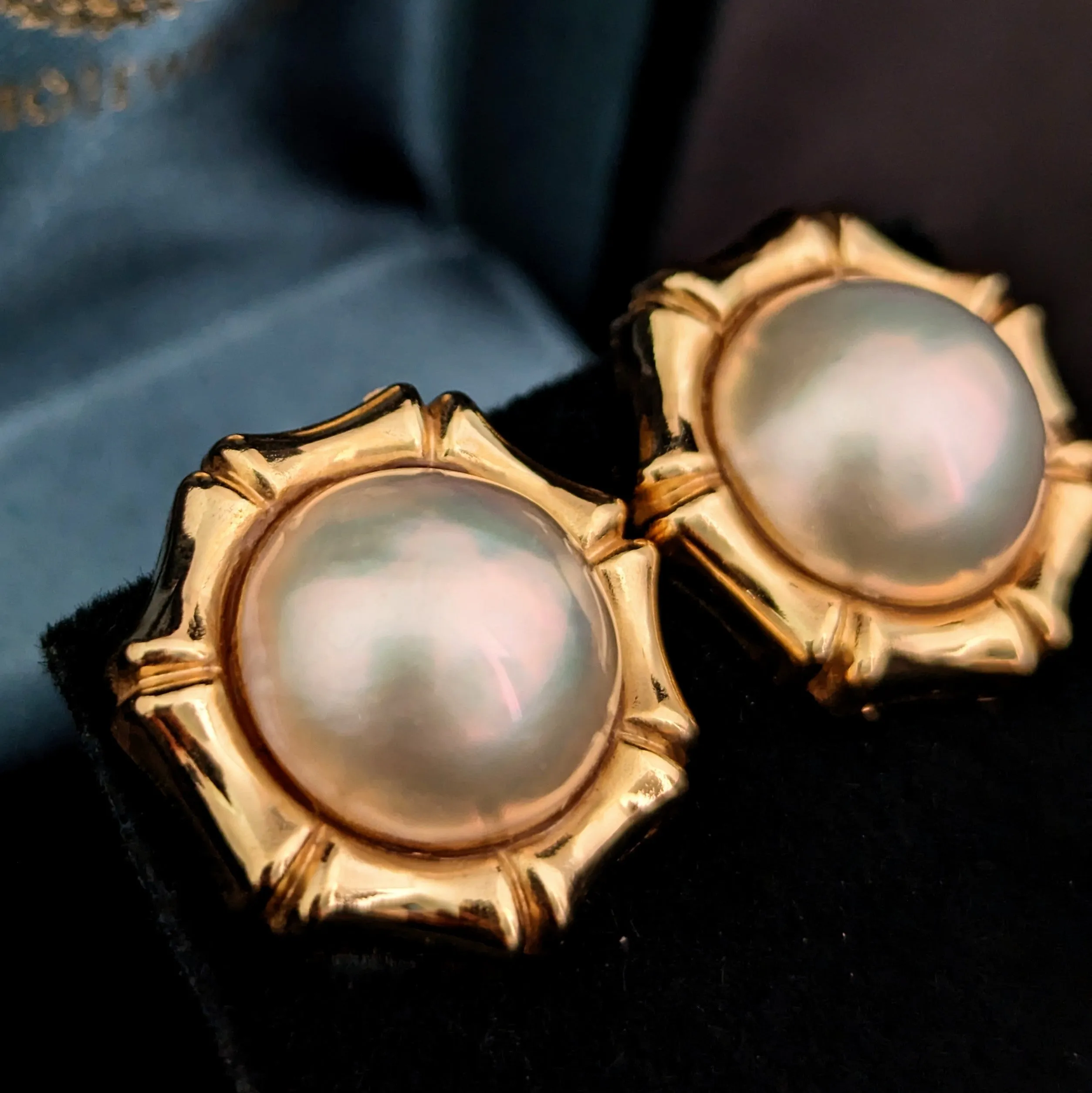 The Asotin - Estate Mabe Pearls 14k Yellow Gold Earrings Bamboo Detailing