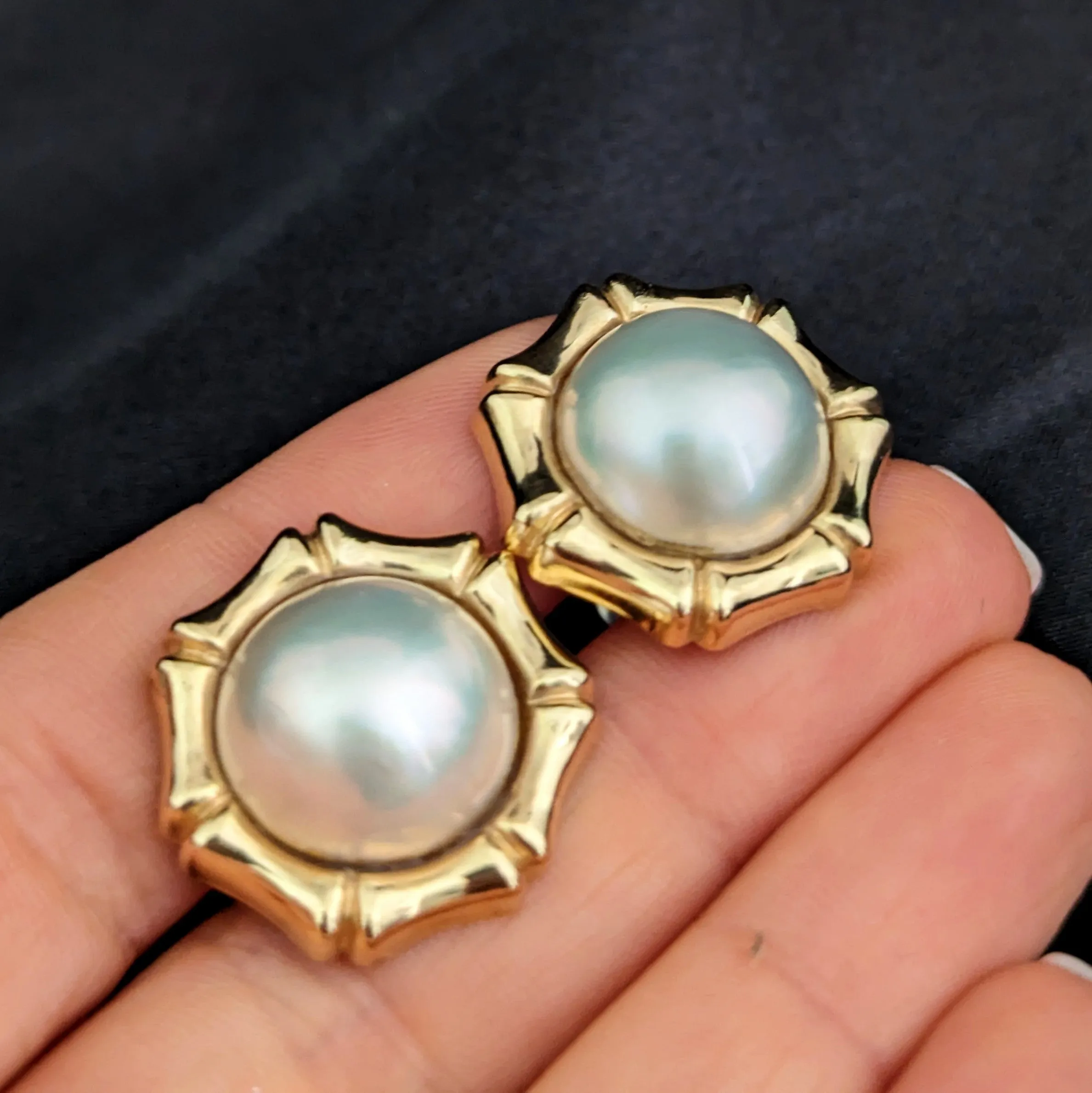 The Asotin - Estate Mabe Pearls 14k Yellow Gold Earrings Bamboo Detailing