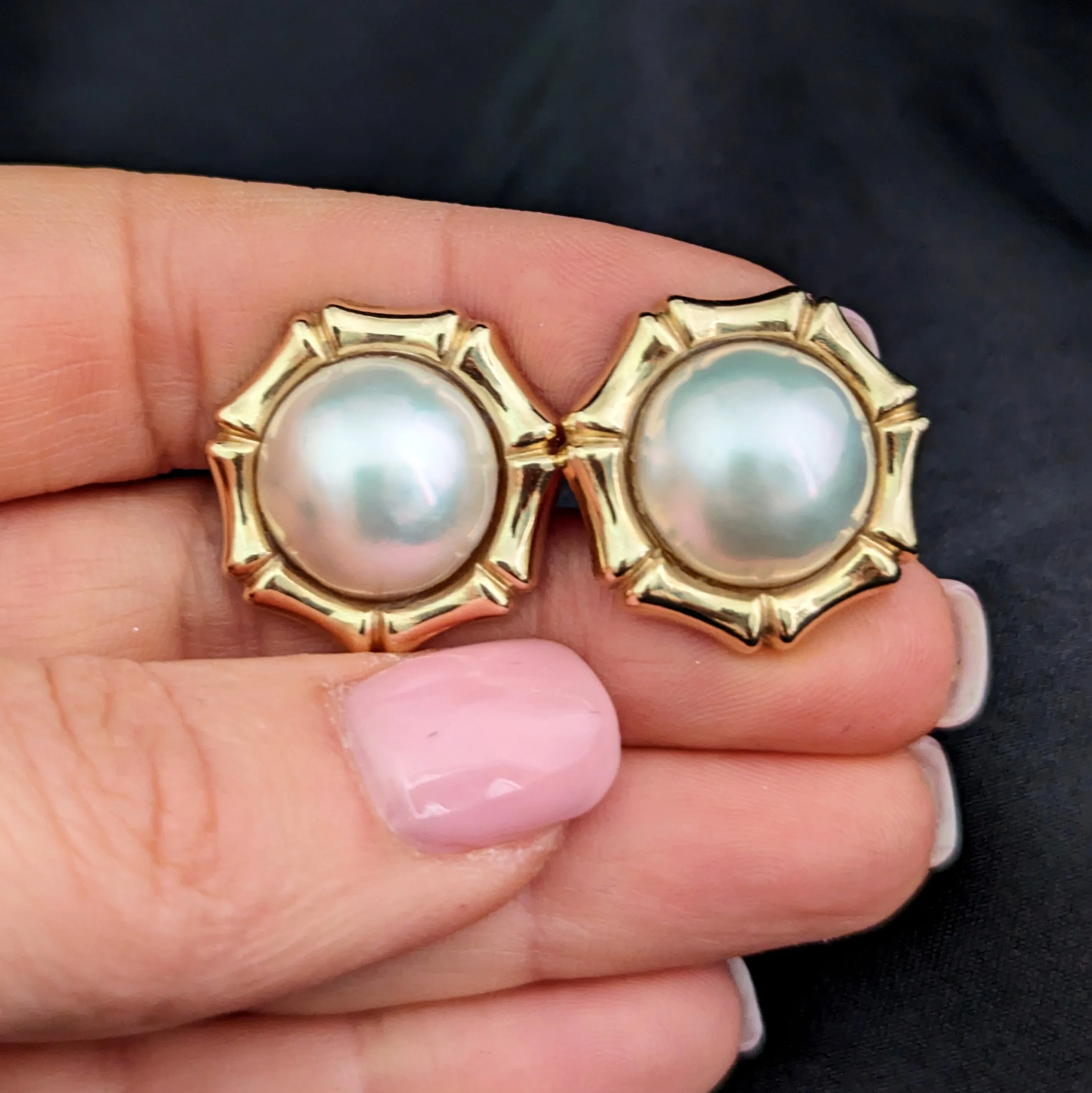 The Asotin - Estate Mabe Pearls 14k Yellow Gold Earrings Bamboo Detailing