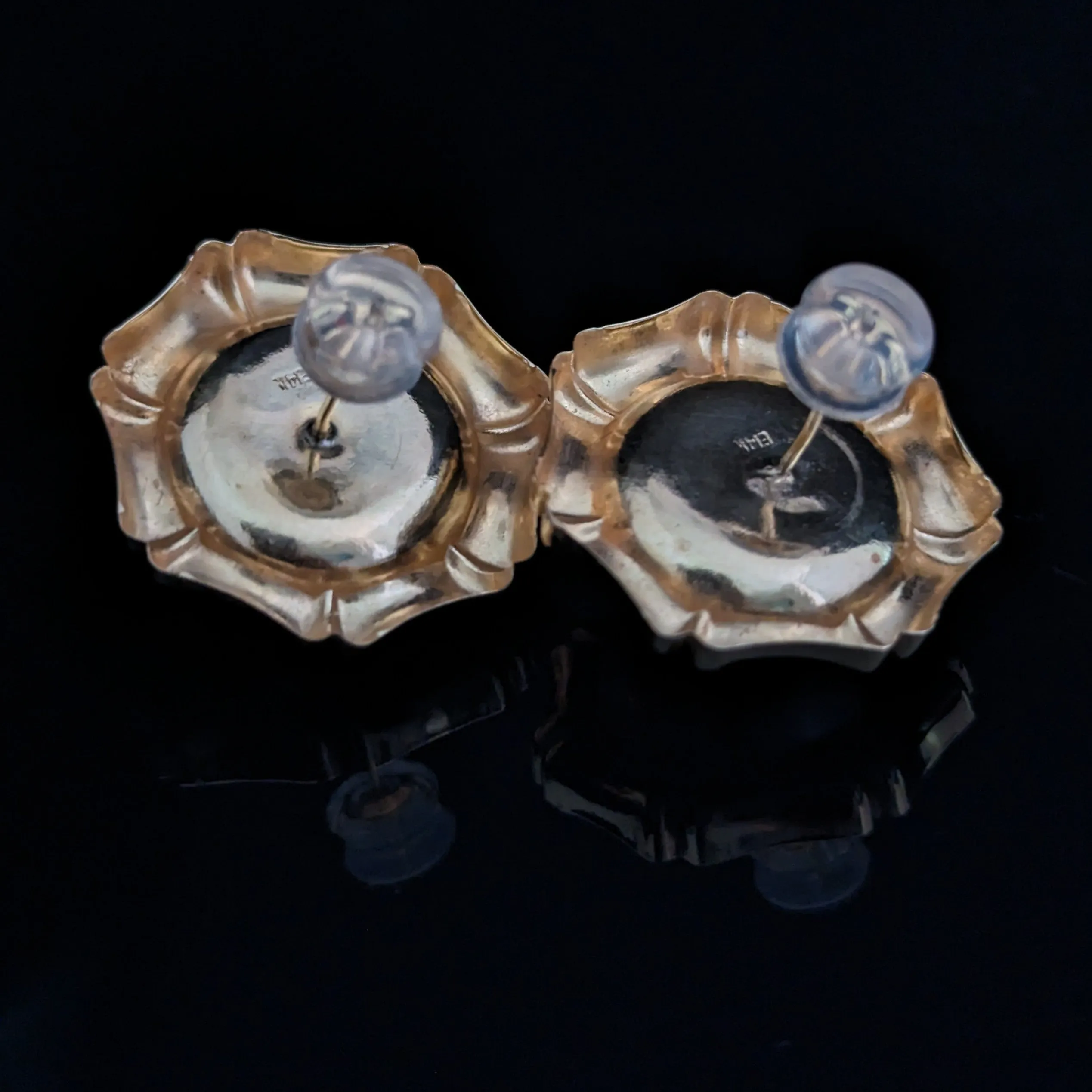 The Asotin - Estate Mabe Pearls 14k Yellow Gold Earrings Bamboo Detailing