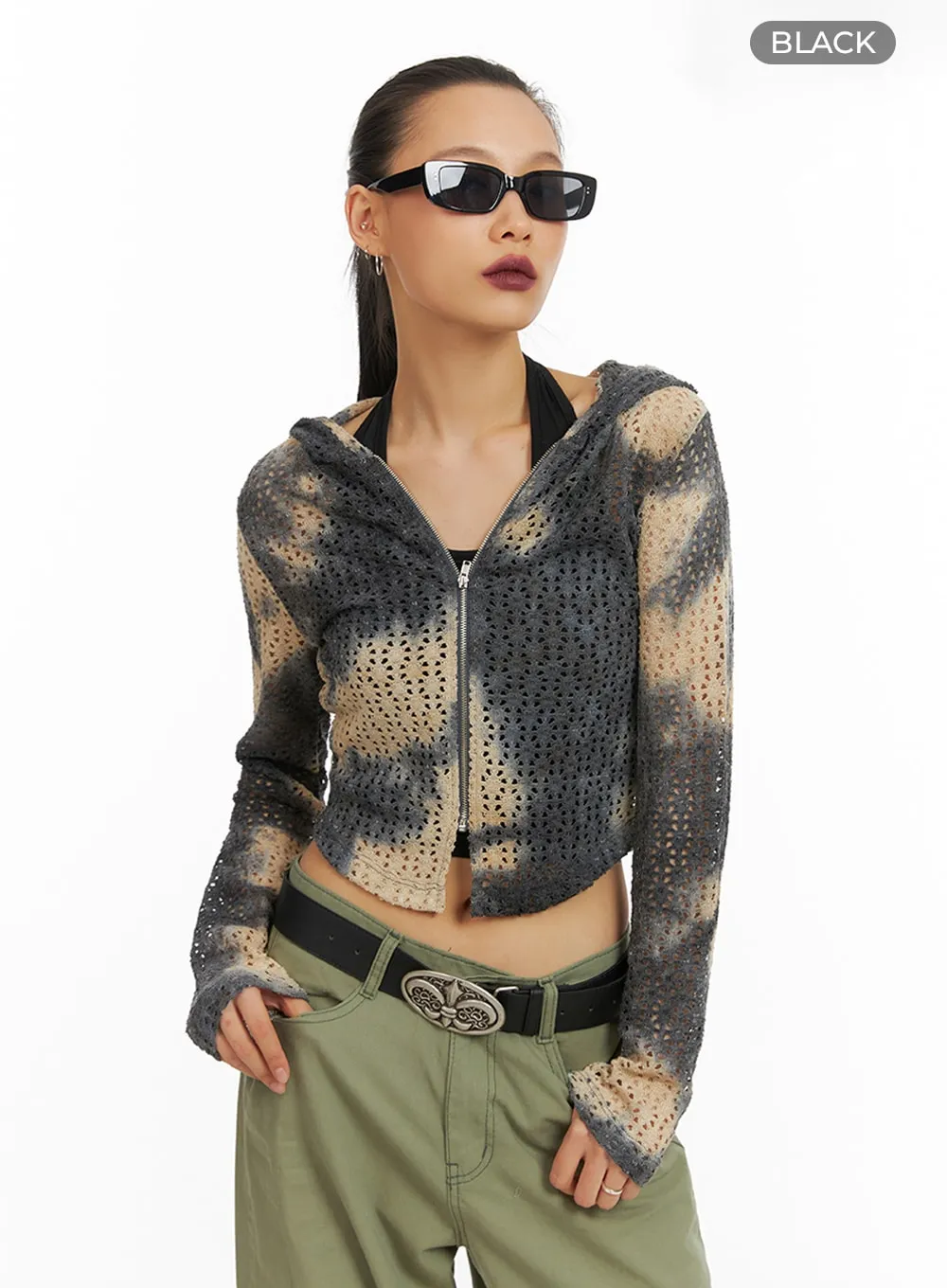 Tie-Dye Mesh Zip-Up Crop Top IA417