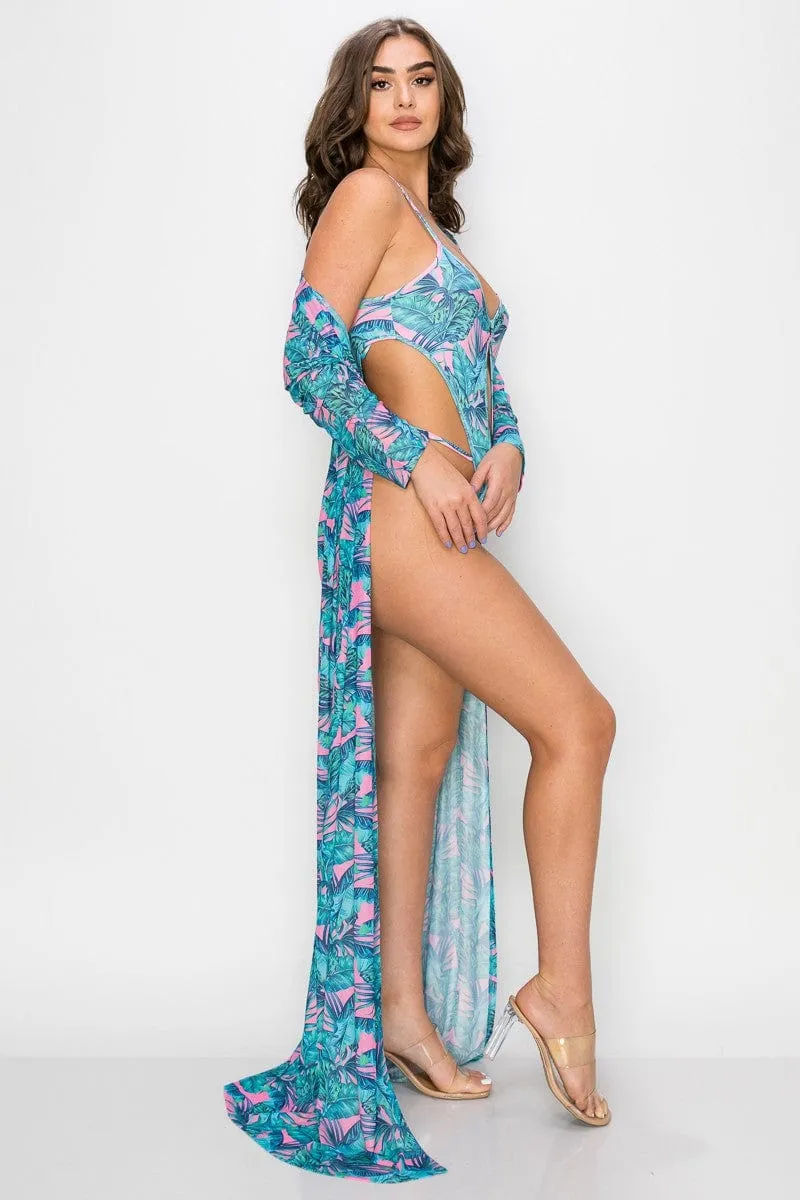 Tropical Print Bodysuit SET-Blue