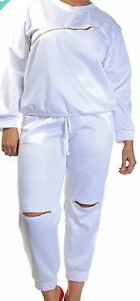 White Fitted Sweatsuit Top And Bottom Set (Curvy Women)